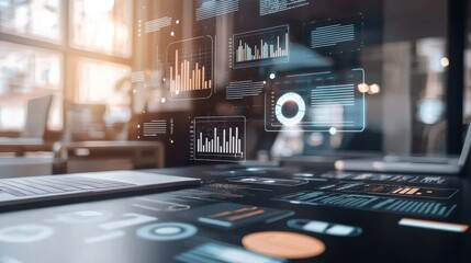 A modern workspace displaying data visualization on a screen, featuring graphs and analytics, indicative of a tech-driven environment.