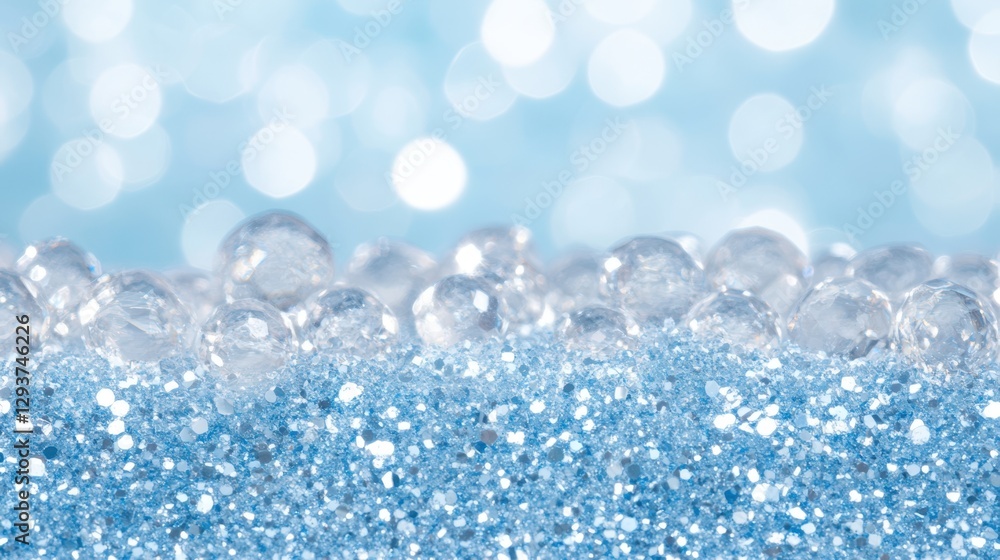 Poster a mesmerizing blue glitter background adorned with shimmering water bubbles, creating a captivating 