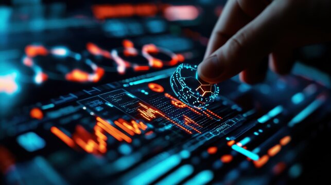 Big data analytics visualization, deep blue interface with AI-driven insights and interactive graphs