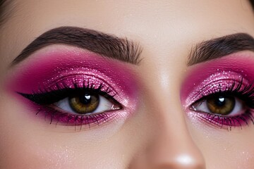 Fototapeta premium A stunning close-up of a beautifully styled eye makeup look featuring bold, shimmery pink eyeshadow blended seamlessly with deep magenta hues. The eye is accentuated by sharp black winged eyeliner, lo