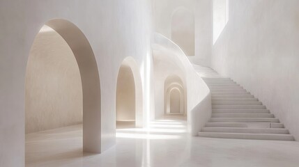 Modern white architectural interior, spacious hallway, light-filled staircase.  Possible use Stock photo for architectural design, interior design, or modern architecture