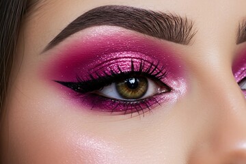 Naklejka premium A stunning close-up of a beautifully styled eye makeup look featuring bold, shimmery pink eyeshadow blended seamlessly with deep magenta hues. The eye is accentuated by sharp black winged eyeliner, lo