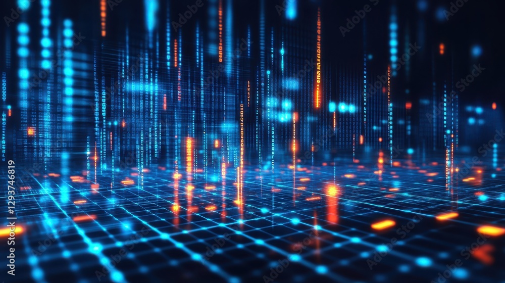 Poster a vibrant digital background featuring blue and orange hues with luminous, glowing lines creating a 
