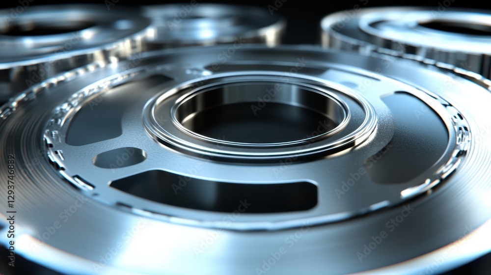 Poster a detailed close-up view of a metallic object set against a solid black background, showcasing its t