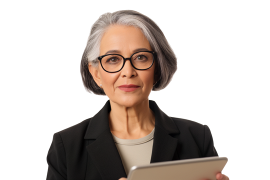 Middle-aged Latina CFO businesswoman holding tablet isolated on transparent white background