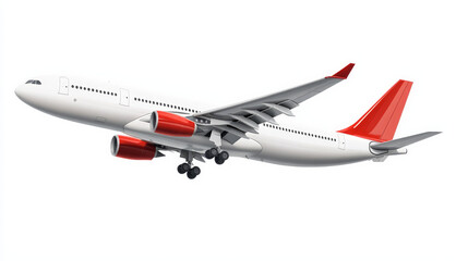 An aeroplane on a white background, isolated. An lone flying commercial aeroplane in a flight against a white background serves as a travel backdrop. 