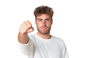 Youthful  male tech bro doing fist bump isolated on transparent white background