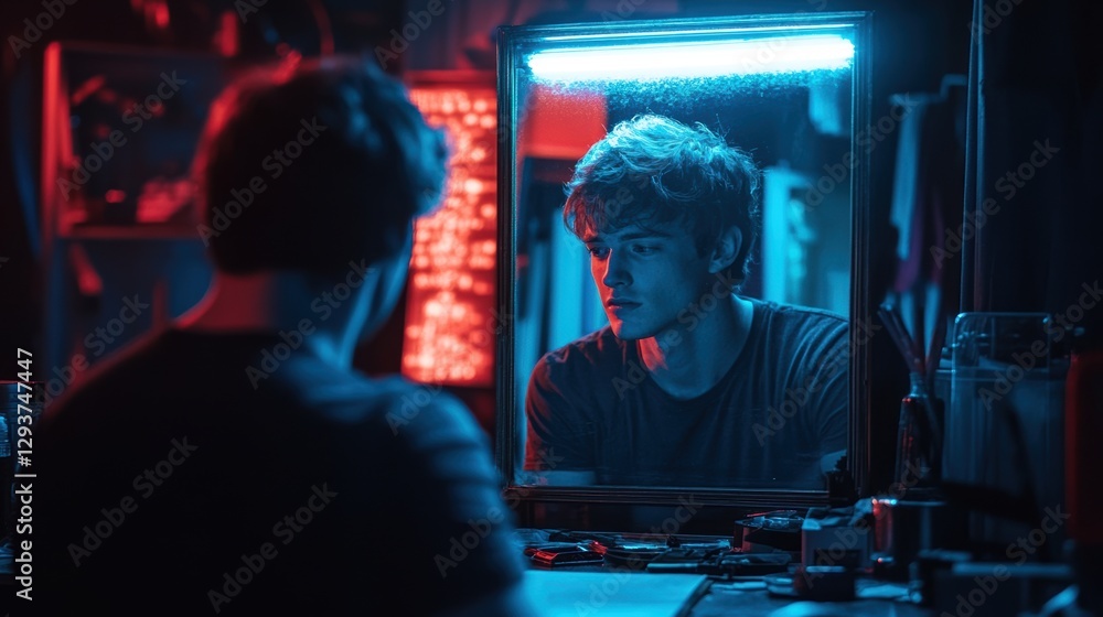 Poster a man is looking into a mirror with a neon light behind him. generative ai