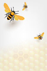Three Buzzing Bees on Honeycomb Background