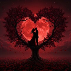 Couple Silhouetted Under Heart-shaped Tree with Red Moon for Romance