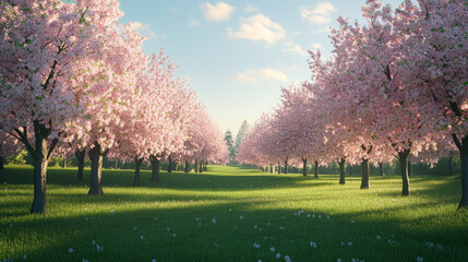 Beautifully blooming huge cherry trees in an ornamental garden on a newly mowed lawn