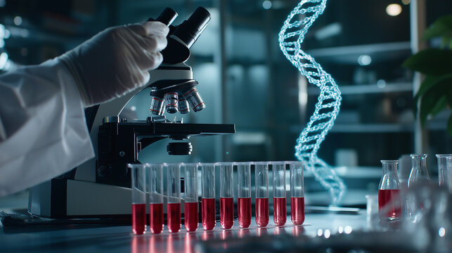 A researcher uses a microscope to examine a DNA helix structure while test tubes containing DNA samples surround the table in a high-tech laboratory.
