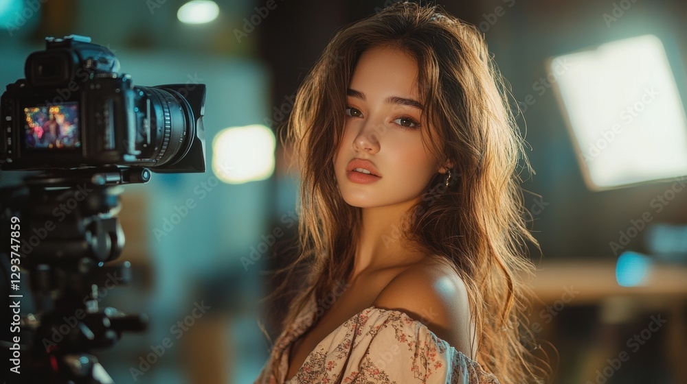 Poster a woman is standing in front of a camera with a tripod. generative ai