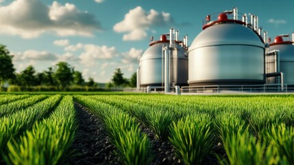 Obraz premium Biogas plant processing organic waste, methane gas production, eco-friendly sustainable energy solution, high-tech industrial setting