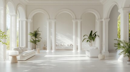 White colonnaded interior with sunlight streaming through, showcasing a modern, minimalist design.  Possible use Interior design, architecture, home decor, luxury lifestyle