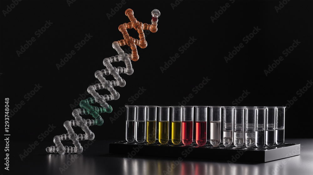 Poster a dna helix structure is displayed next to test tubes filled with various chemical compounds in a la
