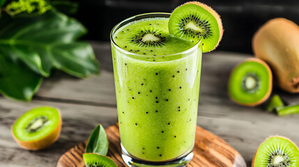 A glass of green juice with a slice of kiwi on top