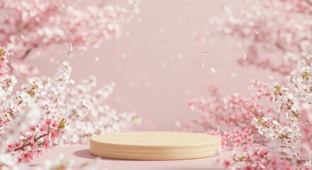 Serene wooden podium elegantly positioned amidst delicate pink blossoms in a tranquil garden setting. Floral beauty concept