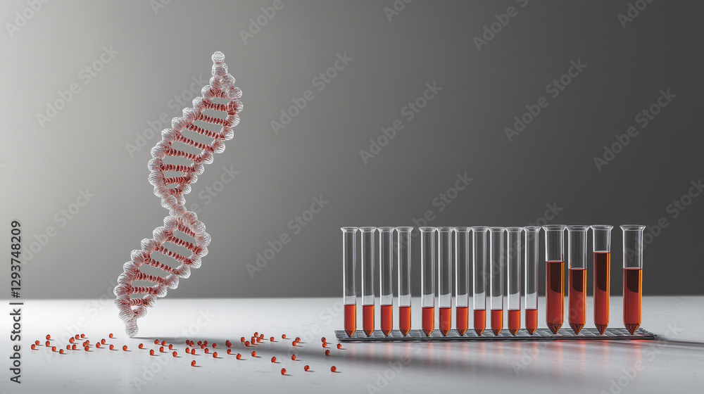 Poster a dna helix structure is displayed next to test tubes filled with various chemical compounds in a la