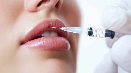 Glossy lips glisten under soft light as the syringe delivers a subtle enhancement, emphasizing volume and symmetry with expert care.