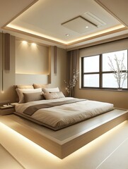 This picture showcases a modern bedroom design with subtle illumination