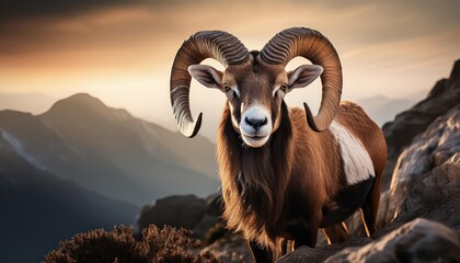 Majestic Mountain Mouflon Grazing on Snowy Alpine Slopes at Dusk, Stunning Winter Landscape Illuminated by Warm Sunlight, Capturing the Serene Beauty of Natures Winter Wonderland