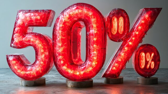 Illuminated red 50 percent sign offering huge discount