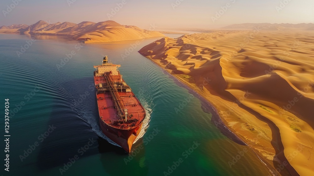 Poster a cargo ship sails smoothly through calm waters, bordered by expansive sandy dunes and distant mount