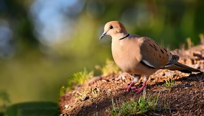 Mourning Dove Perched on Worn Fence Post Amidst Dappled Sunlight and Rustling Leaves in a Serene Forest Glade, Capturing the Peaceful Tranquility of Natures Beauty.