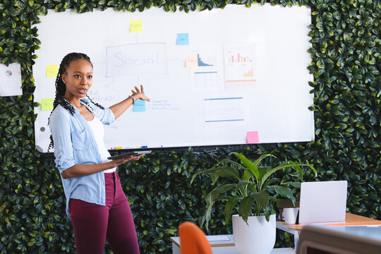 Businesswoman presenting social media strategy on whiteboard in modern office