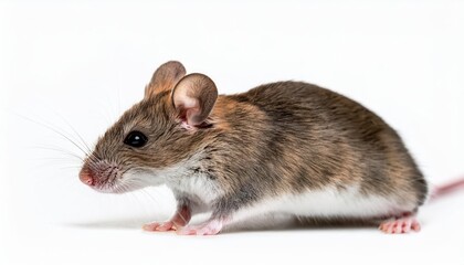 Striking White Contrast A Single Mouse against Pure White Background, Showcasing Detailed Fur Textures and Energetic Eyes