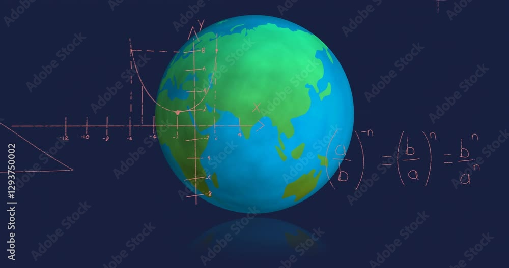 Poster animation of earth rotating with geometric shapes and mathematical equations overlaying