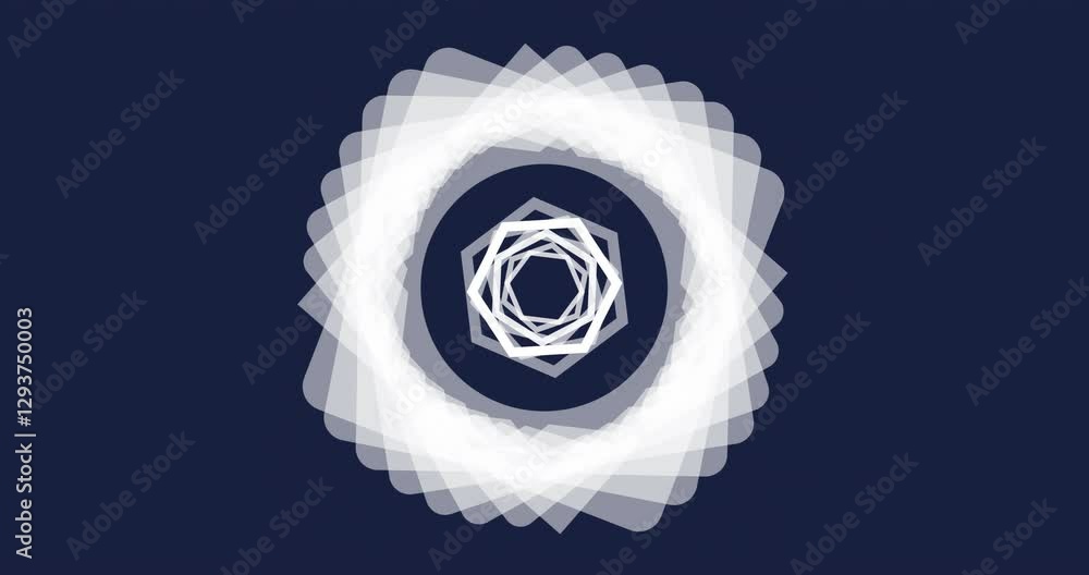 Poster animation of geometric shapes rotating over dark blue background in abstract pattern
