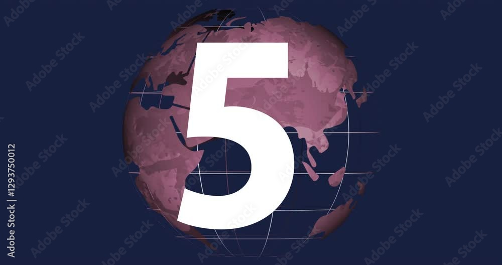 Poster animation of large white numbers over rotating globe with grid lines