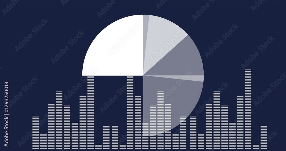 Poster pie chart and bar graph animation over dark blue background