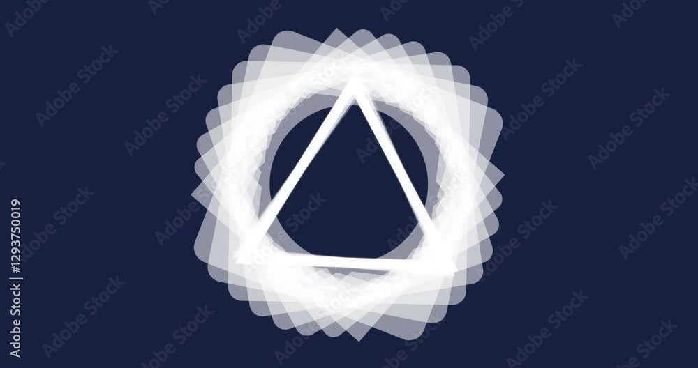 Poster animation of rotating white triangle with translucent squares on dark blue background