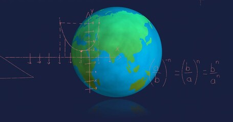 Animation of Earth rotating with geometric shapes and mathematical equations overlaying - Powered by Adobe