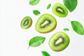 Fototapeta premium Floating Kiwi Slices with Green Leaves High-Resolution Food Photography, Healthy Eating Concept, White Background Kiwi, Fruit