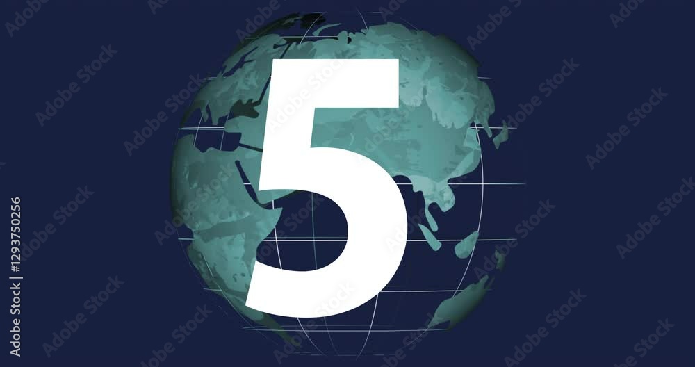 Poster animation of large white numbers rotating over globe with grid lines