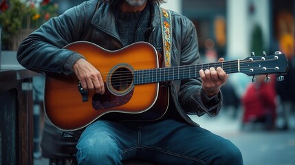 Obraz premium Candid shot of a street musician performing on a busy sidewalk, Urban, Street photography, Vivid colors