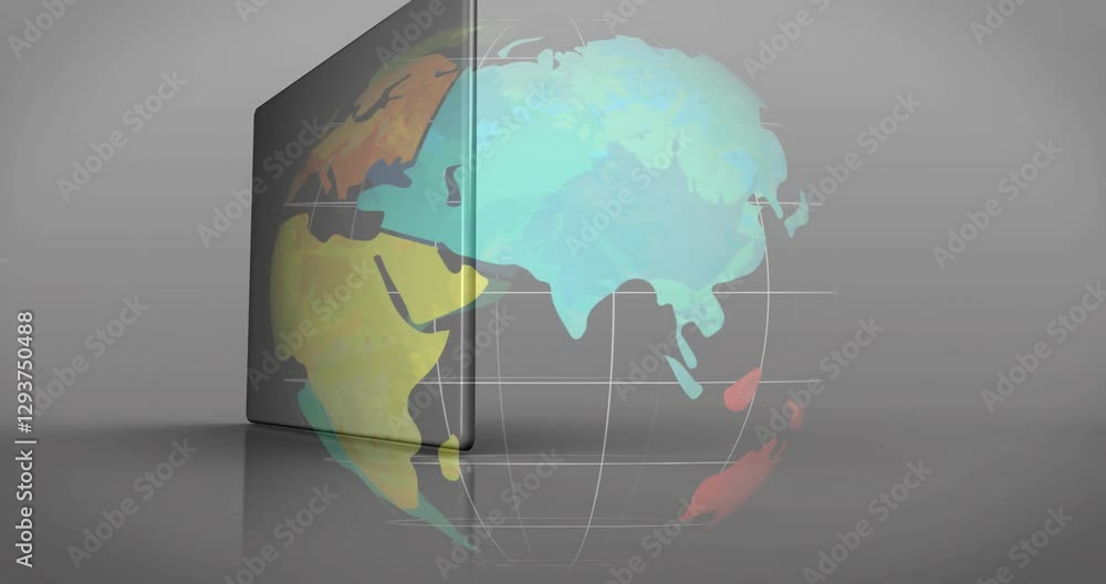 Poster tablet displaying gears and cogs animation over colorful globe background