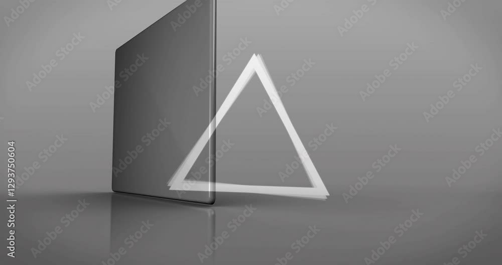 Poster gears and triangle animation over tablet screen on reflective surface