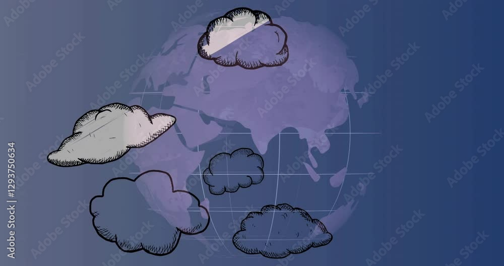 Poster floating cartoon clouds over world map with grid lines in background animation
