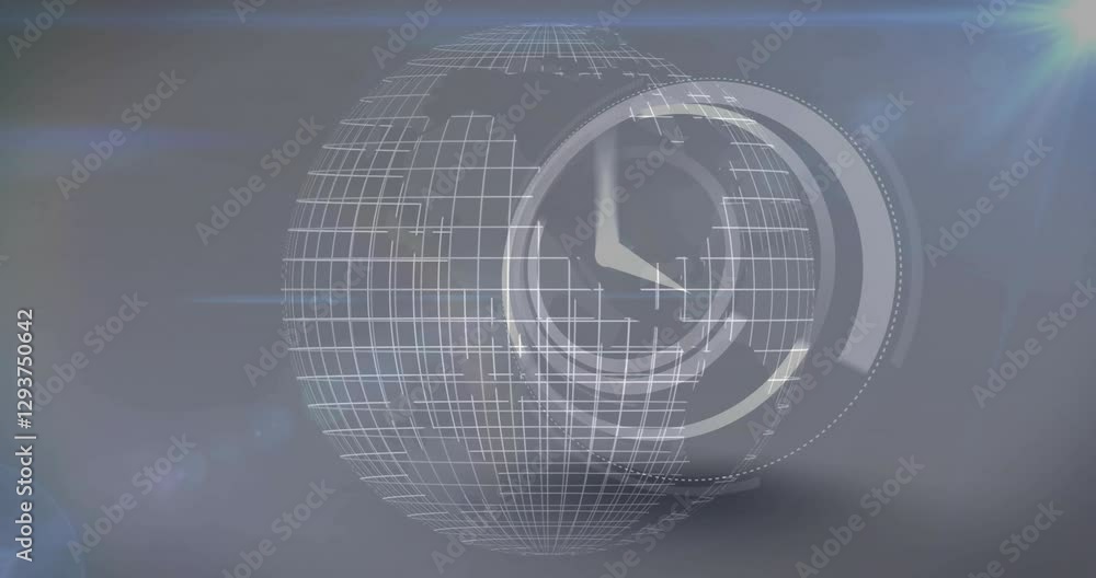 Poster digital animation of rotating globe with grid lines and circular interface elements