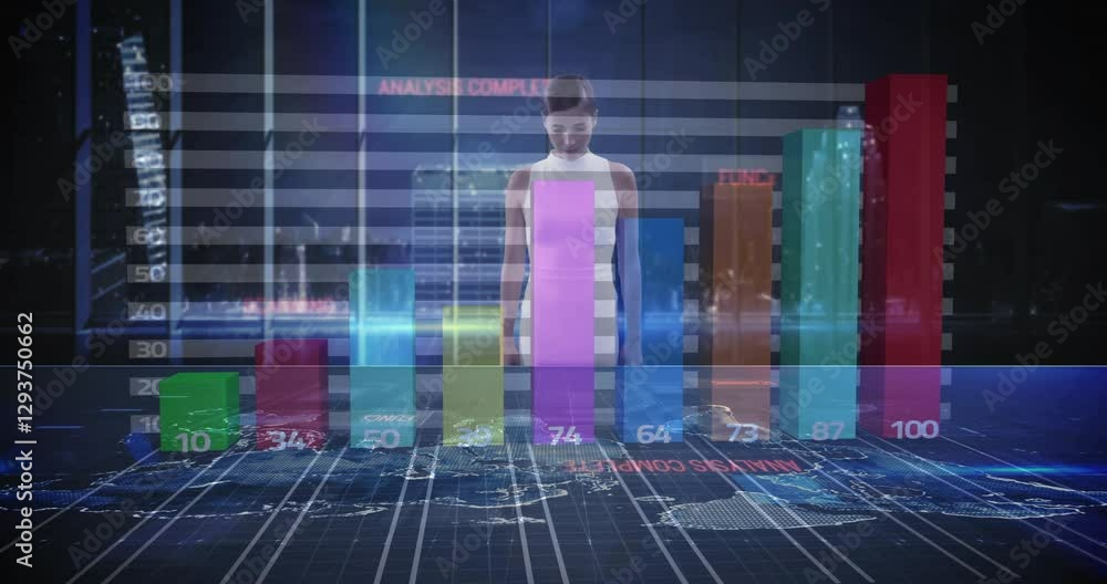 Poster analyzing colorful bar graphs, businesswoman using digital world map interface animation