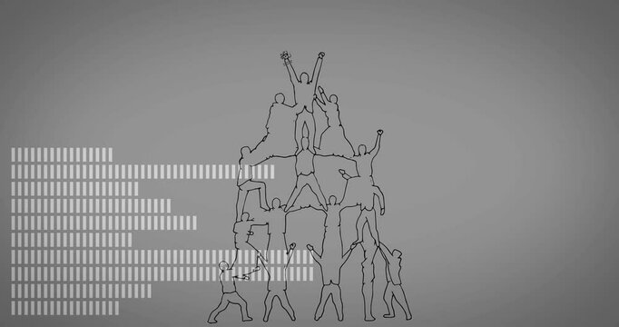 Forming human pyramid, silhouettes with abstract bar graph, animation concept
