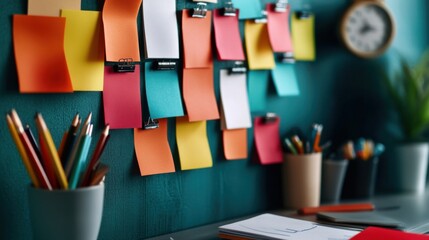 Bulletin board covered with various documents, business notices, and colorful sticky notes in an organized office