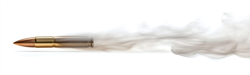 Bullet in motion leaving a trail of smoke, isolated on a white background