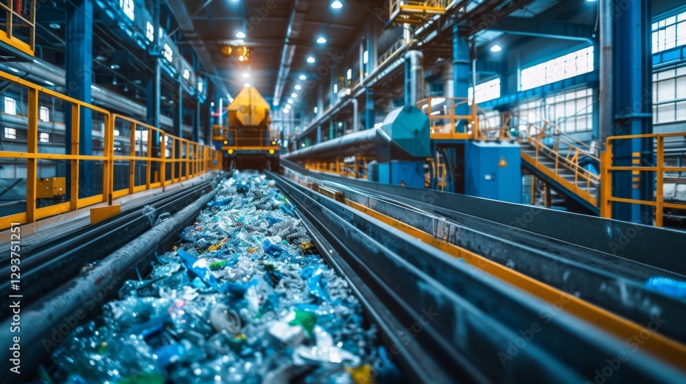 Aufkleber Plastic waste is moving on a conveyor belt in a large recycling facility filled with industrial machinery and ample natural light, illustrating the sorting process of recyclables.