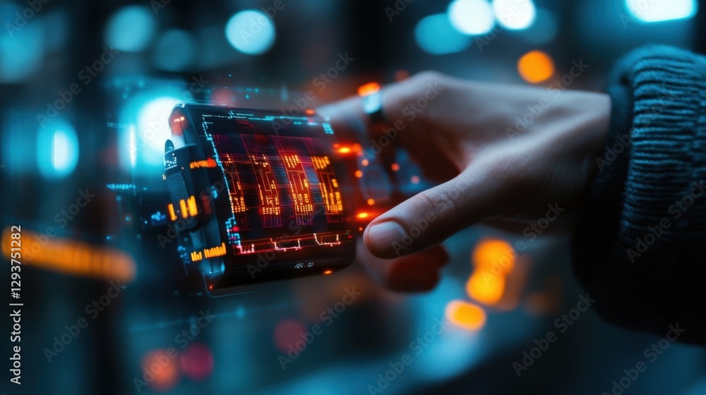 Aufkleber hand interacting with a transparent smartphone displaying holographic data, surrounded by neon light